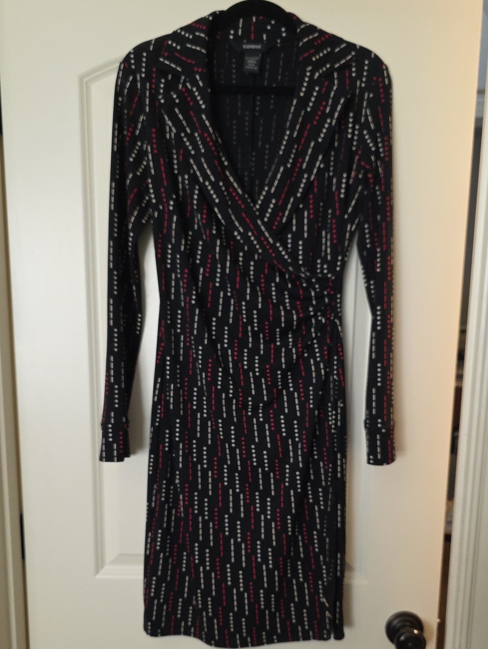 Long Sleeve Black Wrap Dress with Red & White Dot Stripe